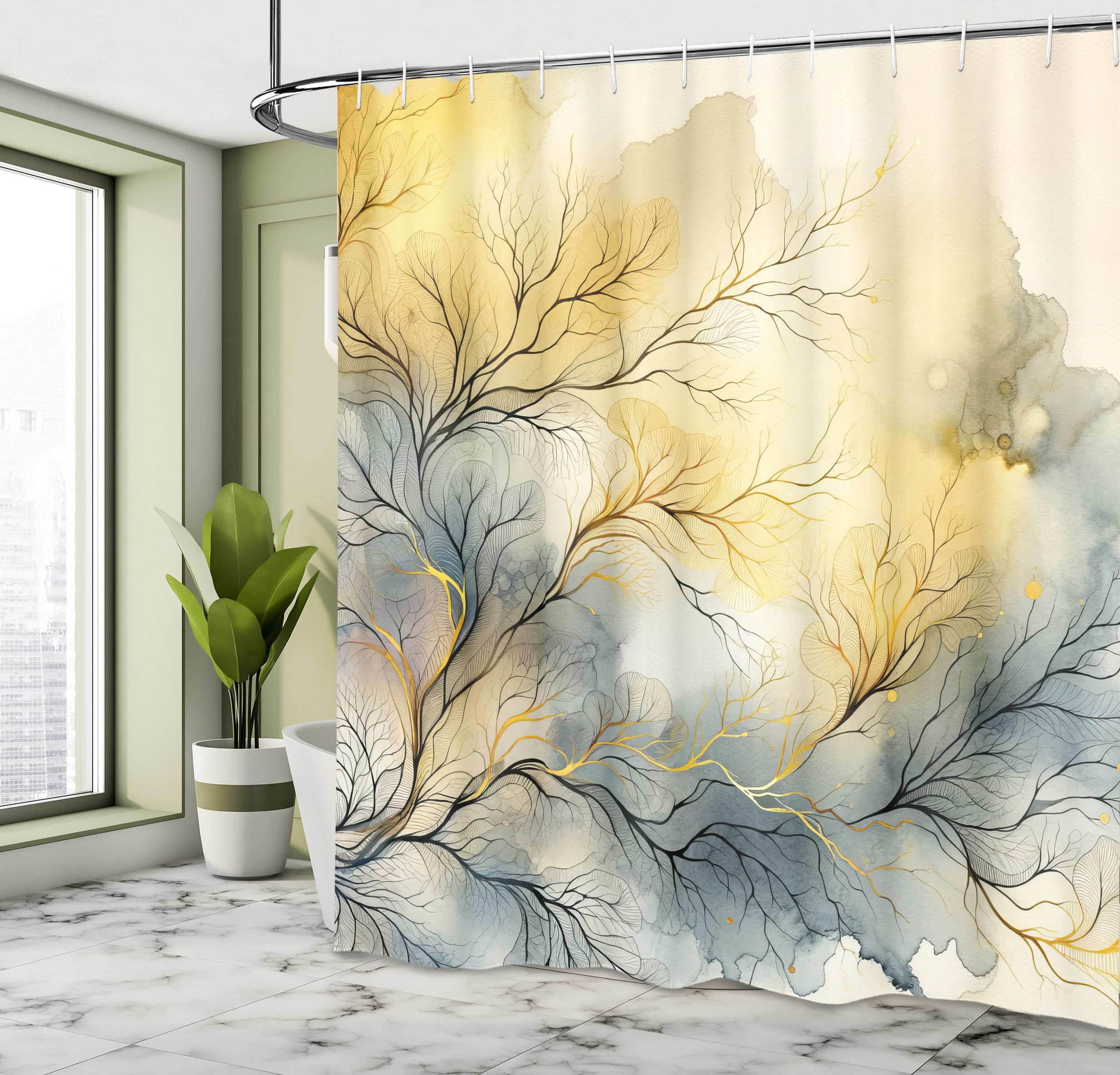 Ambesonne Yellow Shower Curtain, Autumnal Melancholy Leafless Branches On Dreamy Watercolor Look Back, Cloth Fabric Bathroom Dec